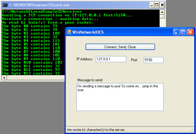 VB .NET WinForm Program Example - running the Windows Form sender program. The action can be seen in the receiver program.