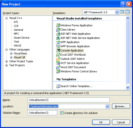C# Critical Section Program Example - new console mode project creation