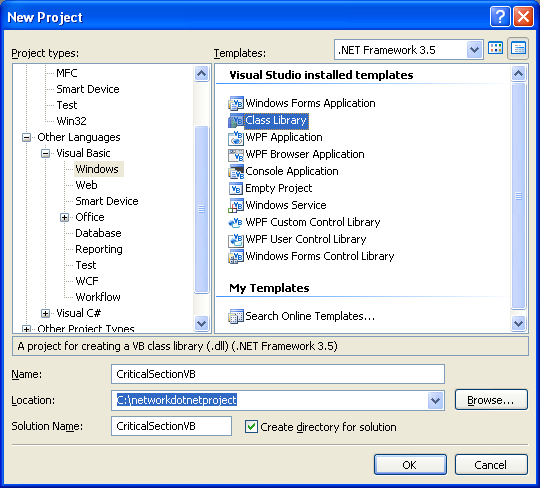 VB .NET Critical Section Program Example - a class library new project creation