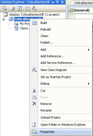 VB .NET Critical Section Program Example - invoking the Project's Properties page