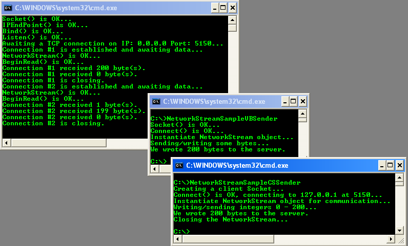 C# Asynchronous I/O Program Example - a sample output that shows communication of several clients and server/receiver