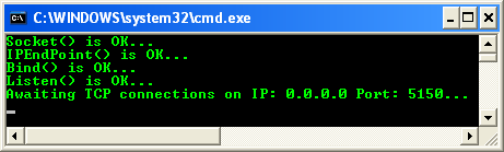 C# Thread and Network I/O Program Example - a sample output in action that shows the receiver/server is waiting for connections
