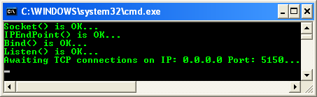 VB .NET Thread and Network I/O Program Example - an output sample that shows the receiver is waiting for connections
