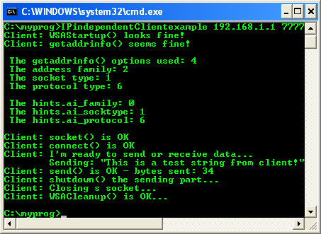 The Windows socket/winsock2 IPv4, IPv6 Internet Protocol programming: the IPv4 and IPv6 client sample program output