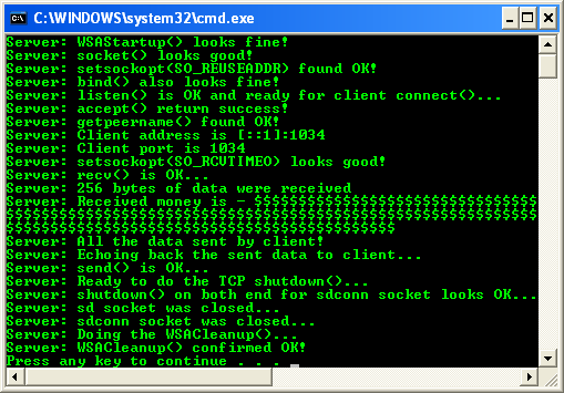 The Windows socket/winsock2 IPv4, IPv6 Internet Protocol programming: the IPv6 server program sample output which shows a completed communication