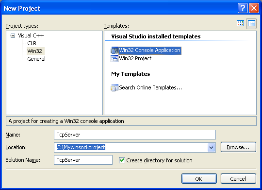 Windows socket and C programming: creating a new Win32 console application project