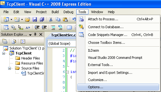 Windows socket and C programming: invoking the Visual C++ Options project page