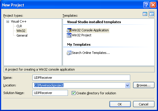 The UDP connectionless select Winsock2 and C program: creating new Win32 console application in Visual C++