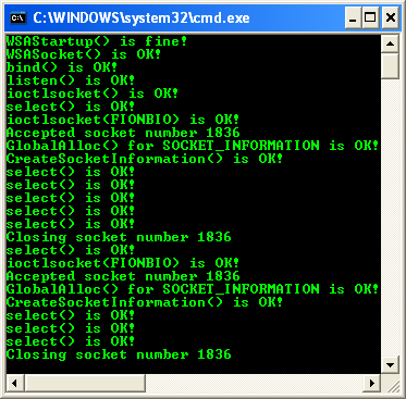 Winsock 2 socket I/O Methods: The select() server sample output when communication was completed