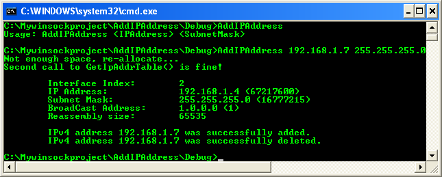 IP Helper Functions: Program Example Using AddIPAddress() Function sample console output