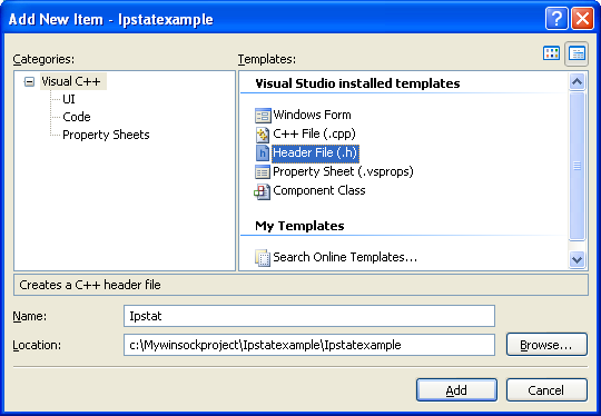IP Helper Functions: Getting IP Statistics Program Example, adding the Ipstat.h header file to the project