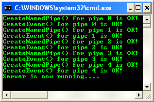 Winsock: The Name Pipe Overlapped Server Program Example sample console output