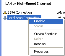 Re-enabling the Local Area Connection