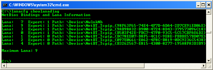 program example demonstrates the use of Netbios() function to retrieve the MAC or physical address of the network card - The LANACFG tool with showlanadiag option