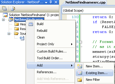 NetBIOS program Example: adding the header and its definition files to the existing project.