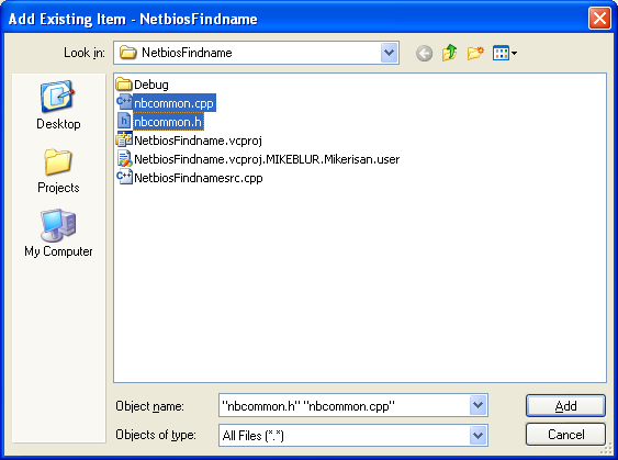 NetBIOS program Example: selecting the header and its definition files.