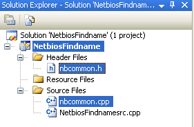 NetBIOS program Example: the added header and its definition files seen in Solution explorer.