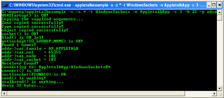 The AppleTalk Sender and Receiver Example: Another sample output for ADSP