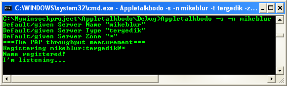 Another AppleTalk Example: A sample output with some arguments supplied acting as a server/receiver