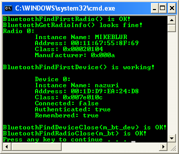 Bluetooth Device Query Using Win32 PSDK: A sample output