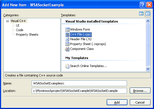 WSASocket() with WSAPROTOCOL_INFO Program Example: adding a source file