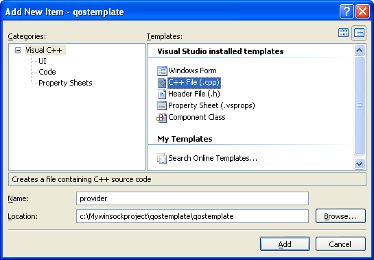 Generic Quality of Service (QOS): Creating a new empty Win32 console mode application project for QOS template - adding the provider.cpp definition file