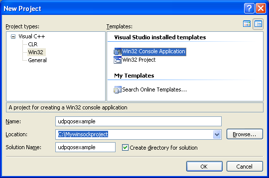 Generic Quality of Service (QOS): Creating a new empty Win32 console mode application project for UDP QOS program example