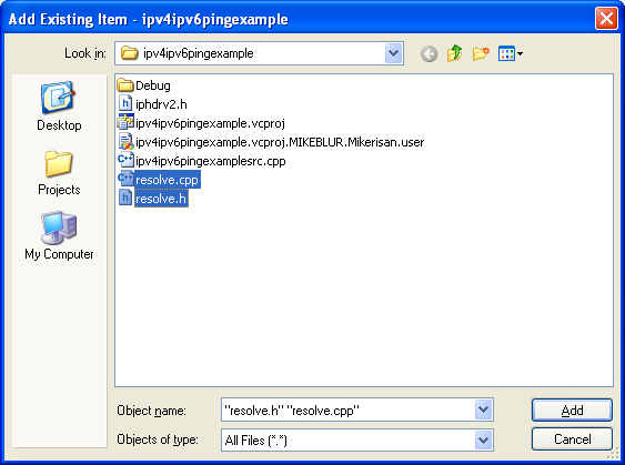 IPv4 and IPv6 Ping Program Example: Selecting the header and its definition files.