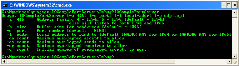The I/O Completion Port IPv4/IPv6 Server Program Example: Program sample output without any argument