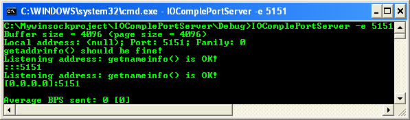 The I/O Completion Port IPv4/IPv6 Server Program Example: Running the server listening to port 5151 for IPv4 and IPv6