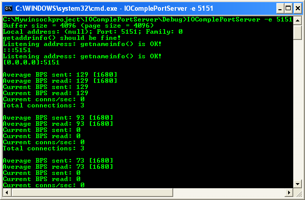 The I/O Completion Port IPv4/IPv6 Server Program Example: The server sample output after several client connections