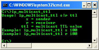 Winsock 2 socket options and ioctls: program example demonstrates the multicast application which uses the IP_TTL option to modify the time-to-live (TTL) field, sample output without argument