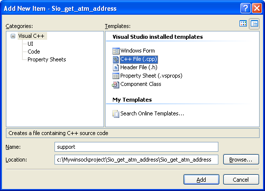 Winsock 2 socket options and ioctls: The SIO_GET_ATM_ADDRESS program example - adding the support.cpp, the definition file