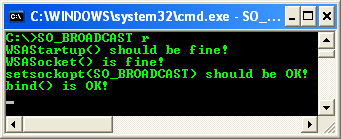 Winsock 2 socket options and ioctls: The broadcast data and SO_BROADCASt option program example - sample output with r argument