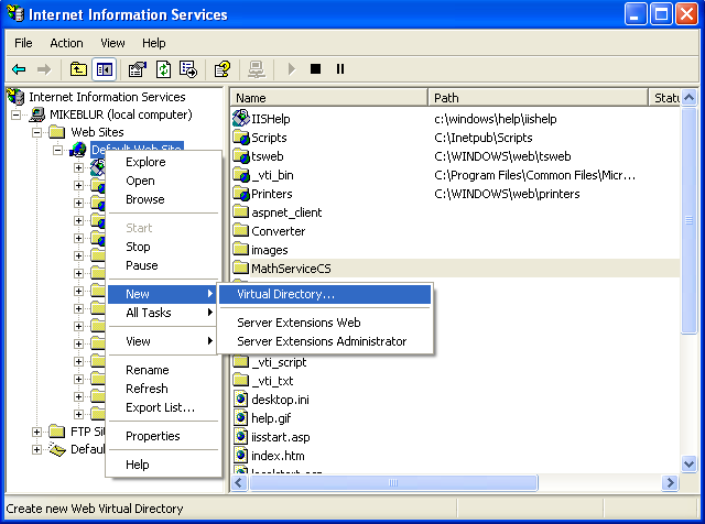 Creating and consuming the ASP .NET web service and C# console application program example: creating the IIS virtual directory through the IIS snap-in