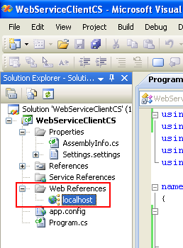 Creating and consuming the ASP .NET web service and C# console application program example: the added web service reference seen in the Visual Studio Solution Explorer
