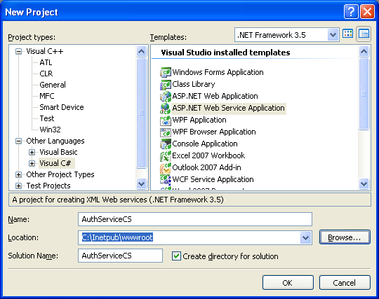 The C# Asynchronous Web Service Access with ASP .NET WEB Service application development Program Example: selecting the asp .NET web service application project template
