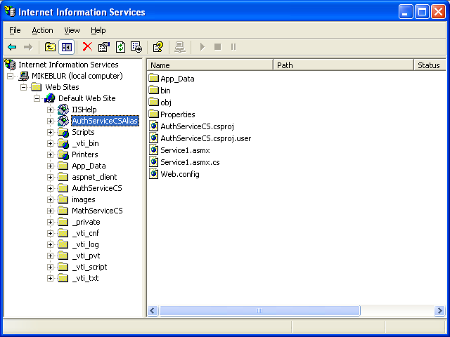 The C# Asynchronous Web Service Access with ASP .NET WEB Service application development Program Example: the just created IIS virtual directory seen in the IIS snap-in