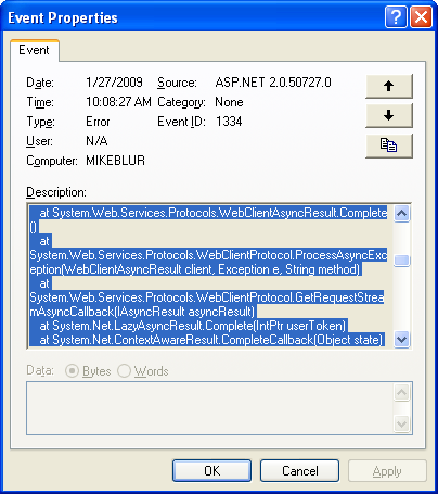 The C# Asynchronous Web Service Access with ASP .NET WEB Service application development Program Example: the selected Event properties of one of the Windows event in Windows Event Viewer
