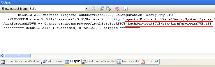 VB .NET Asynchronous Web Service Program Example: the generated web service DLL file seen in the Output window