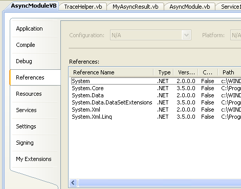 The VB .NET Asynchronous Web Service Program Example: the vb .net project property page