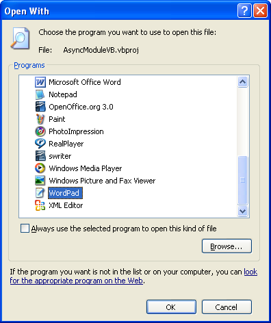 The VB .NET Asynchronous Web Service Program Example: opening the .NET project file in text file