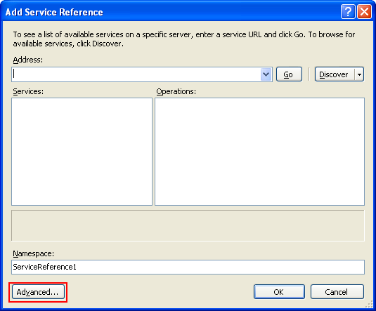 The VB .NET Asynchronous Web Service Program Example: the Add Service Reference page