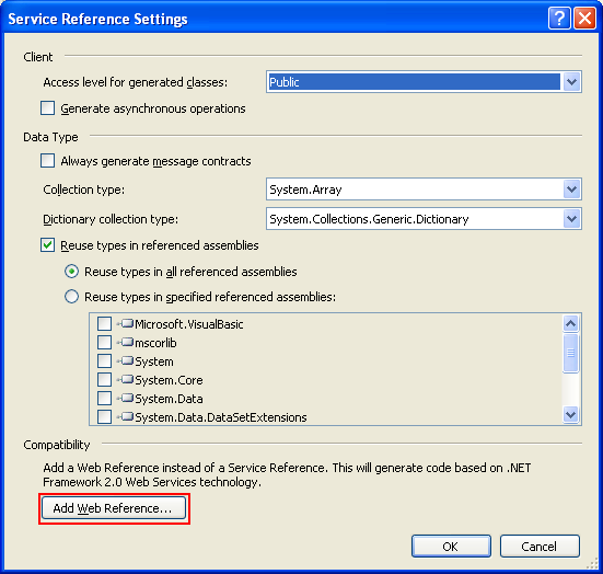 The VB .NET Asynchronous Web Service Program Example: the Service Reference Settings page