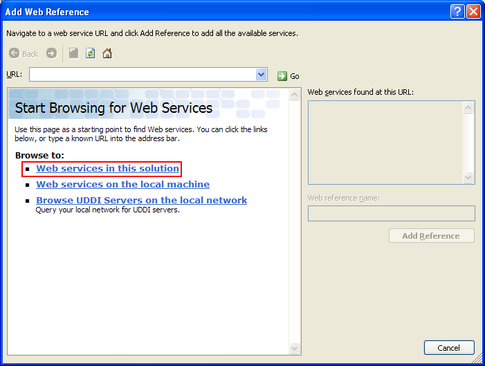 The VB .NET Asynchronous Web Service Program Example: the Add Reference page with the web service browsing page