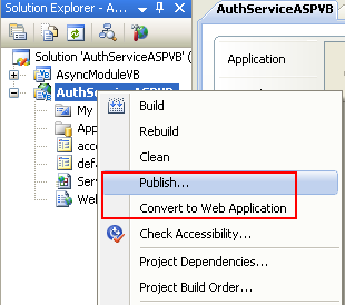 The VB .NET Asynchronous Web Service Program Example: publishing the web service and converting the web service application to web application short cut menus in the Visual Studio IDE